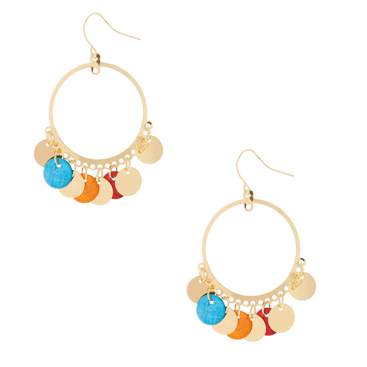 Gold 2" Round Shell Drop Earrings,