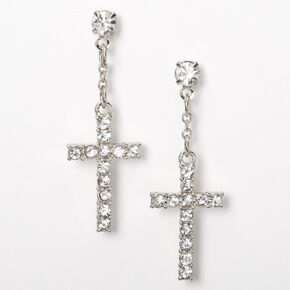 Silver 1&quot; Embellished Cross Drop Earrings,