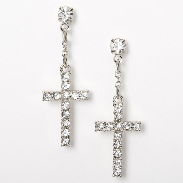 Silver 1&quot; Embellished Cross Drop Earrings,