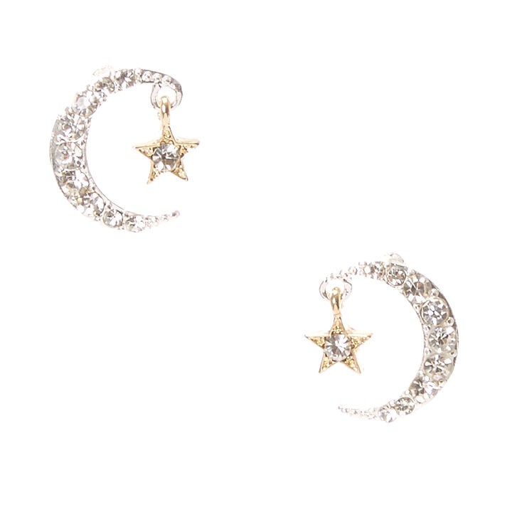 Crystal Studded Moon & Star Stud Earrings,