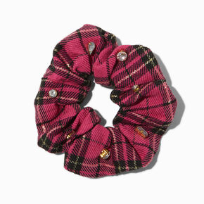 Pink Plaid Crystal Embellished Hair Scrunchie,