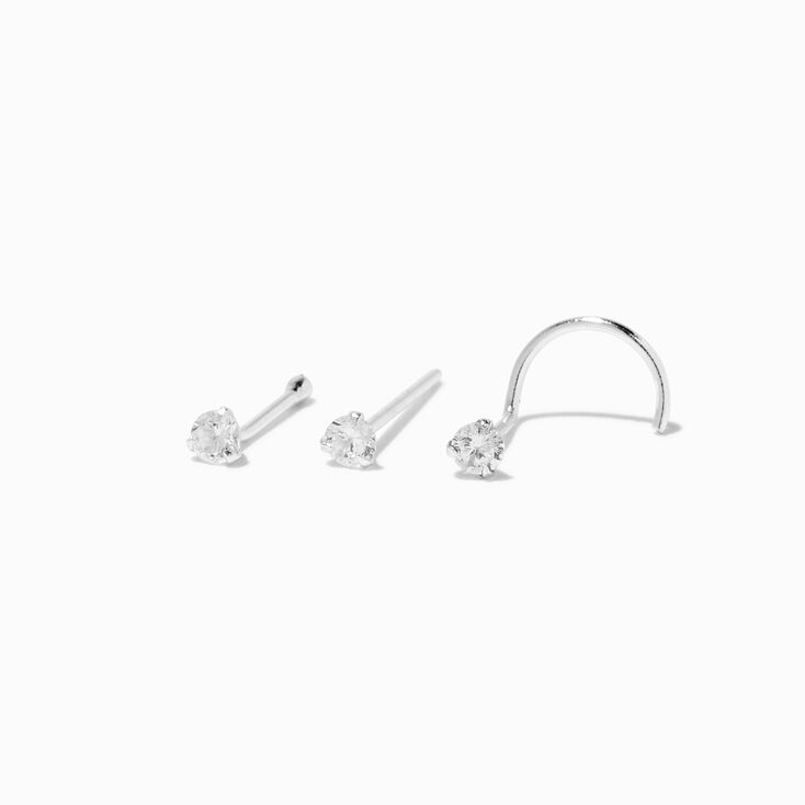 Sterling Silver Cubic Zirconia Nose Studs - 3 Pack,