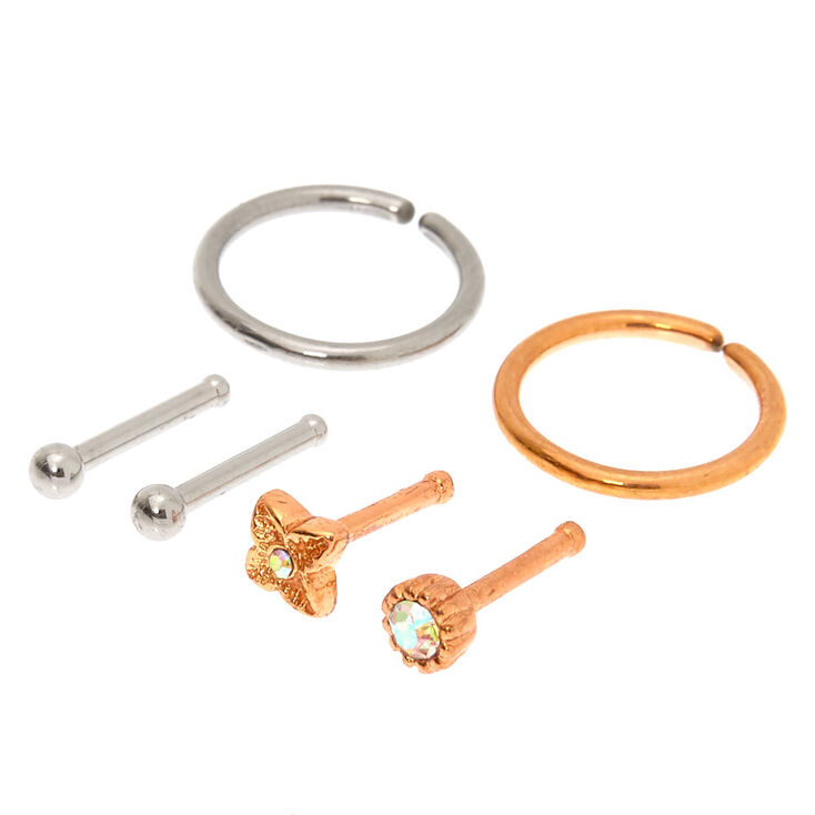 Mixed Metal 18G Iridescent Flower Ball Nose Rings - 6 Pack,