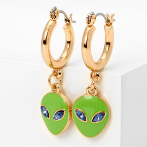 Green Alien 1&quot; Gold Hoop Drop Earrings,