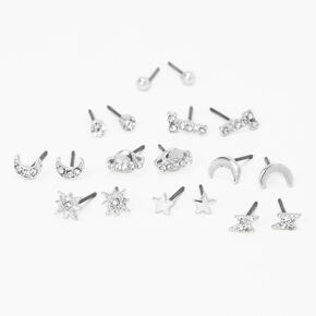Silver Celestial Stud Earrings - 9 Pack,