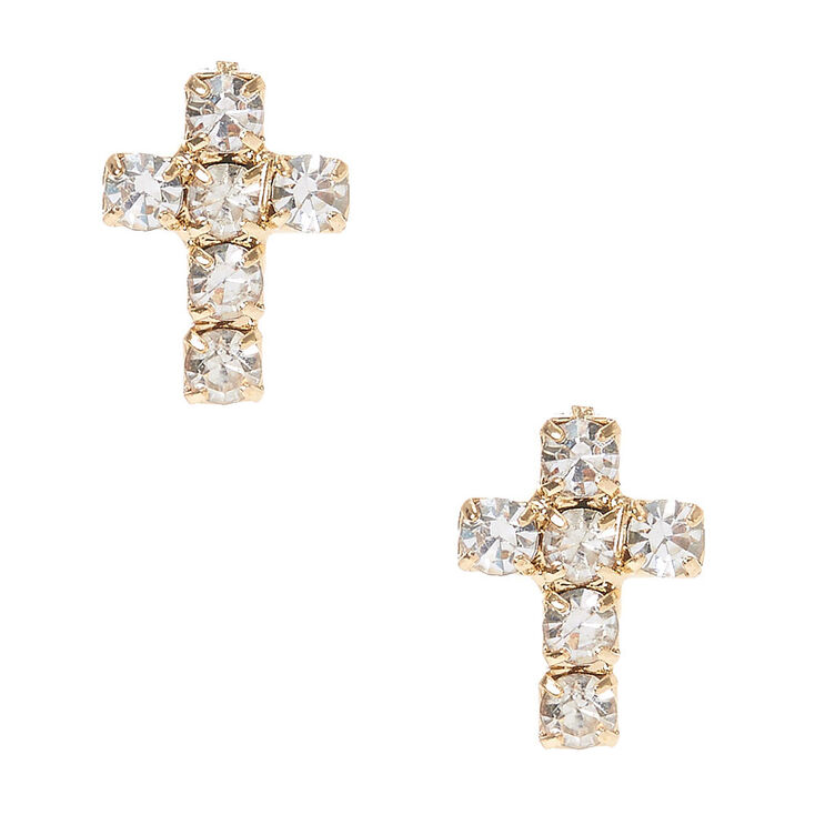 Faux Crystal Lined Gold Tone Cross Stud Earrings,