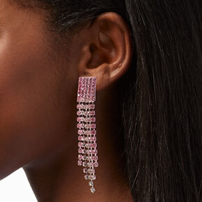 Rose Gold Pink Rhinestone 3&quot; Pyramid Fringe Drop Earrings,