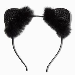 Black Fur &amp; Gemstones Cat Ears Headband,