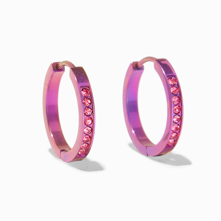 Titanium 12MM Pink Anodized Crystal Hoop Earrings,