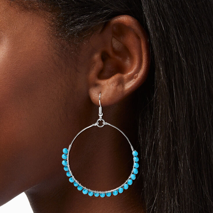 Silver 60MM Turquoise Beaded Hoop Drop Earrings,