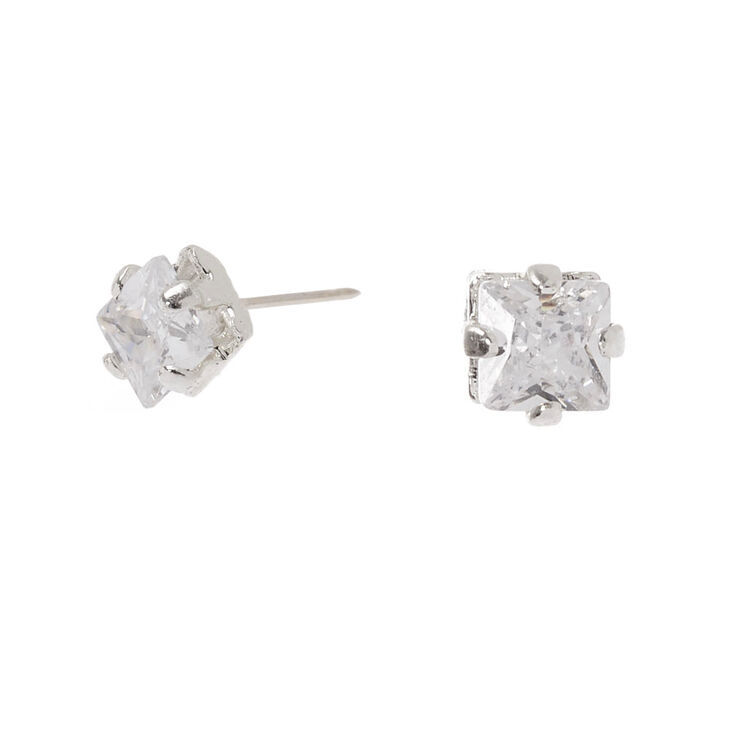 Silver Cubic Zirconia Square Stud Earrings - 3MM,