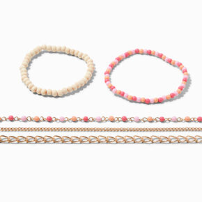 Gold-tone Pink &amp; Orange Beaded Bracelet Set - 5 Pack ,