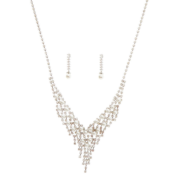 Silver Glass Rhinestone & Pearl Waterfall Jewelry Set - 2 Pack,