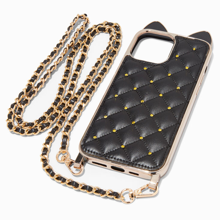 Black Cat Quilted Phone Case with Lanyard - Fits iPhone&reg; 13 Pro Max,