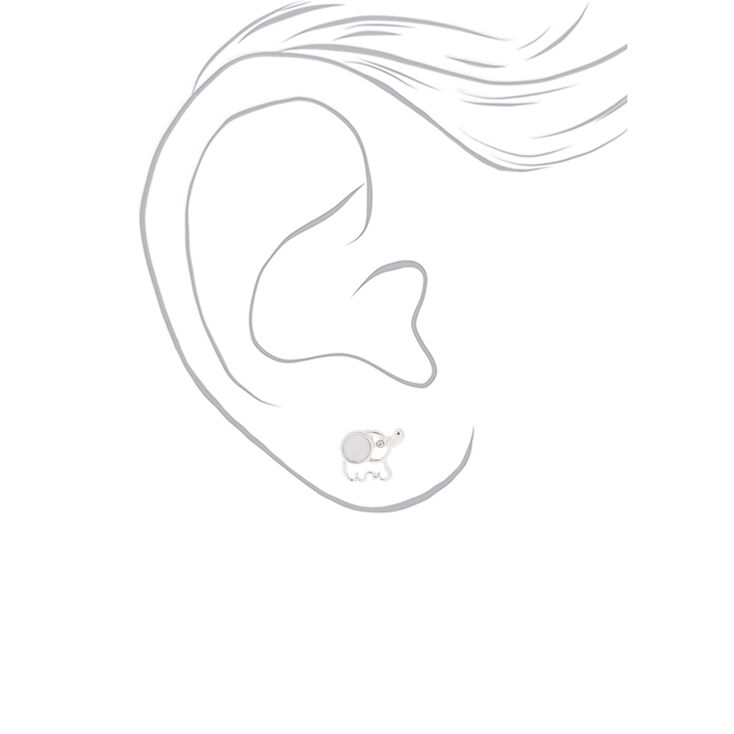Silver &amp; Crystal Elephant Stud Earrings - White,