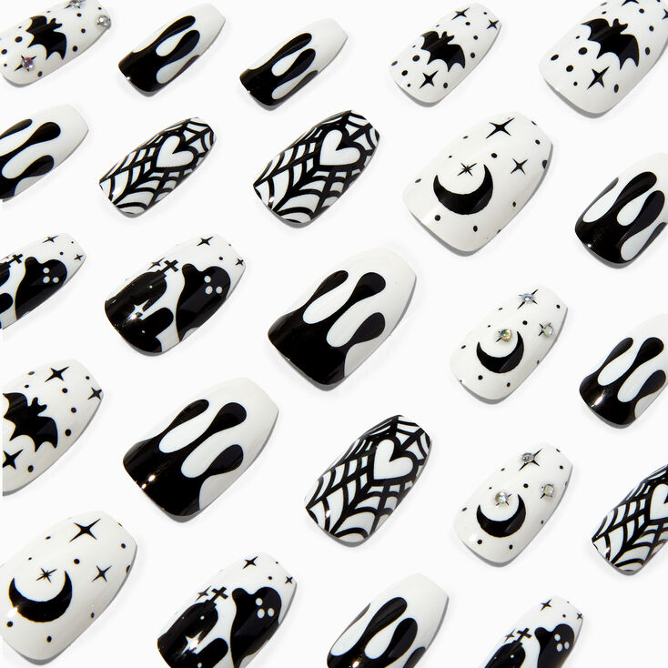 Halloween Black &amp; White Icons Squareletto Press On Faux Nail Set - 24 Pack,