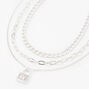Embellished Padlock Multi Strand Silver Pendant Necklace,