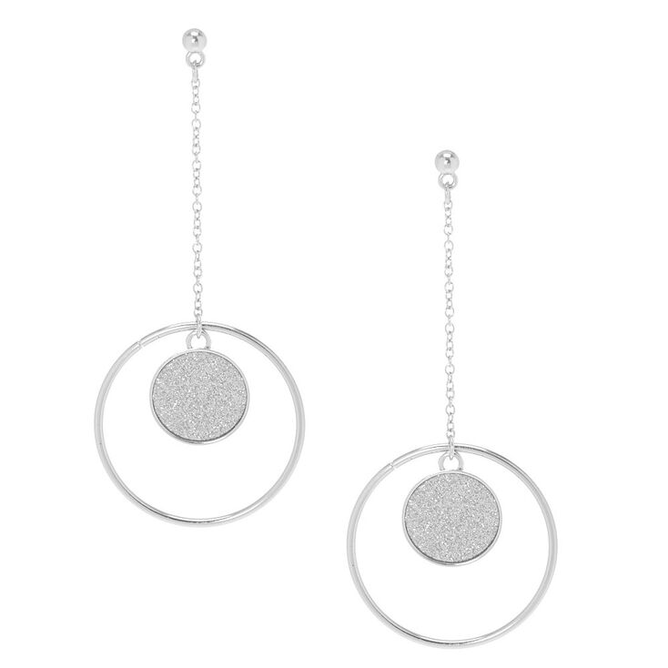 Glitter Silver Disk Drop Earrings,