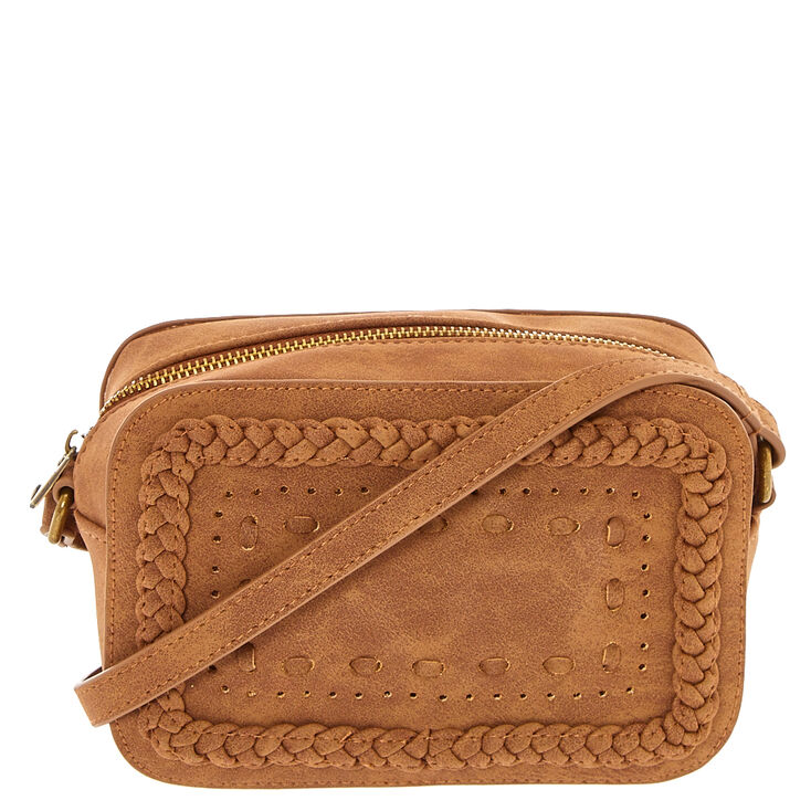 Braided Cognac Crossbody Camera Bag,