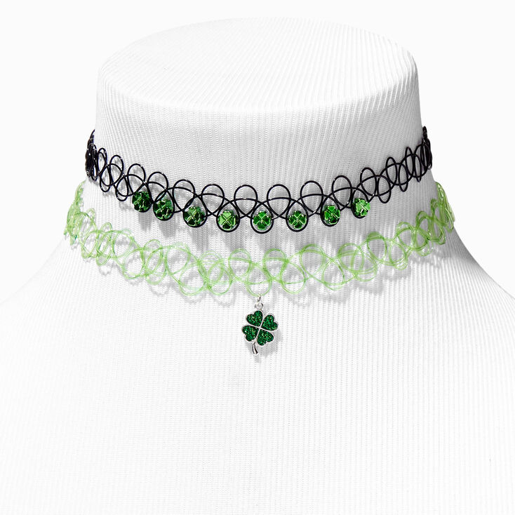Silver &amp; Black Shamrock Mixed Choker Necklaces - 2 Pack,