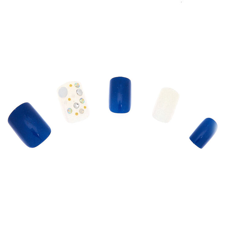 Aurora Borealis Bling Faux Nail Set - Navy, 24 Pack,