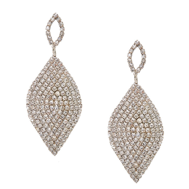 Pavè Curved Silver Tone Leaf Drop Earrings,