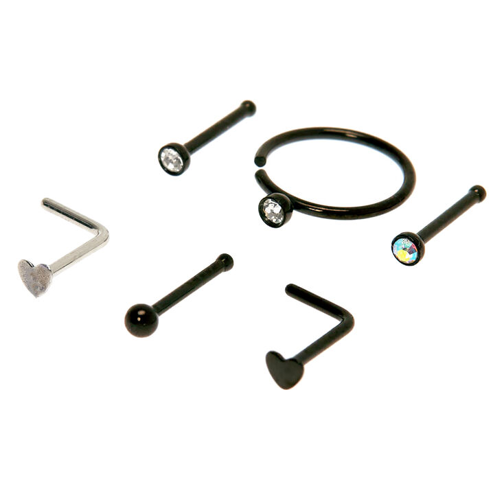 Mixed Metal 20g Crystal Heart Stud Hoop Nose Rings 6 Pack