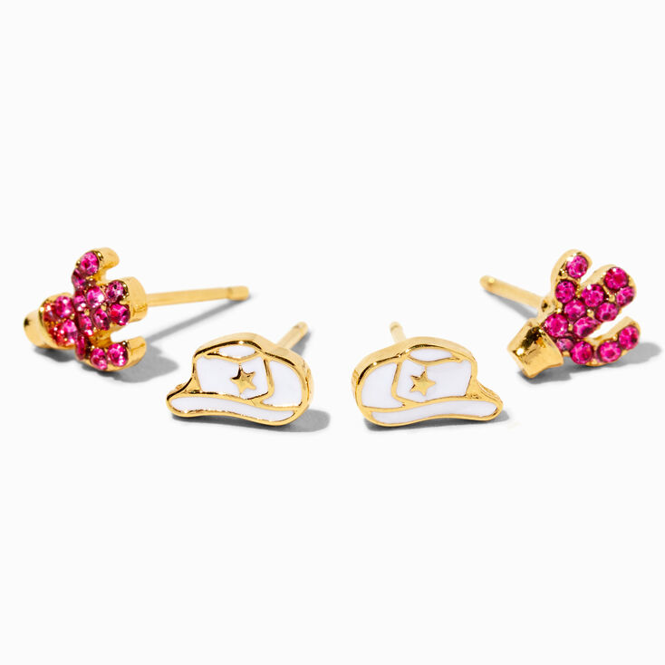 18K Gold Plated Cowgirl Hat &amp; Pink Cactus Stud Earrings - 2 Pack,