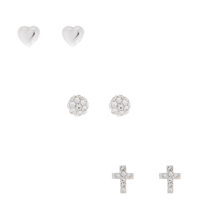 Sterling Silver Fireball Heart Stud Earrings - 3 Pack,