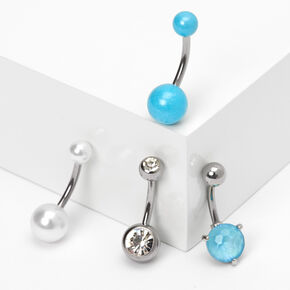 Silver 14G Stone Pearl Belly Rings - Blue, 4 Pack,