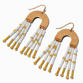 Gold-tone Arch White Beaded Fringe 2.5&quot; Drop Earrings ,