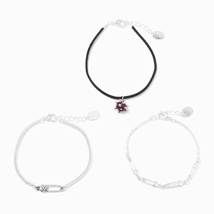 Black Fireball &amp; Silver Safety Pin Chain Bracelets - 3 Pack,