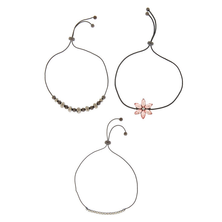 Hematite Floral Statement Bracelets - Pink, 3 Pack,