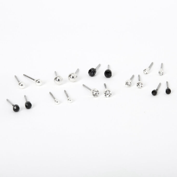 Silver Black Crystal Ball Stud Earrings - 9 Pack,
