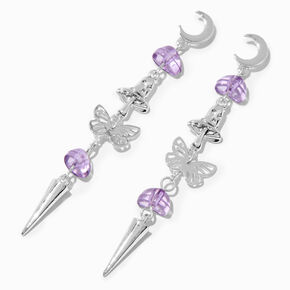 Purple Mushroom Silver-tone Butterfly 3&quot; Drop Earrings,