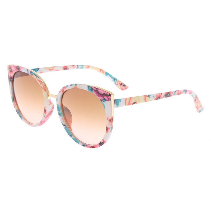 Round Floral Print Sunglasses - White,