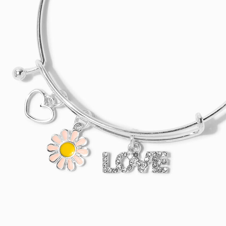 Silver Love Charms Adjustable Bangle Bracelets - 3 Pack,