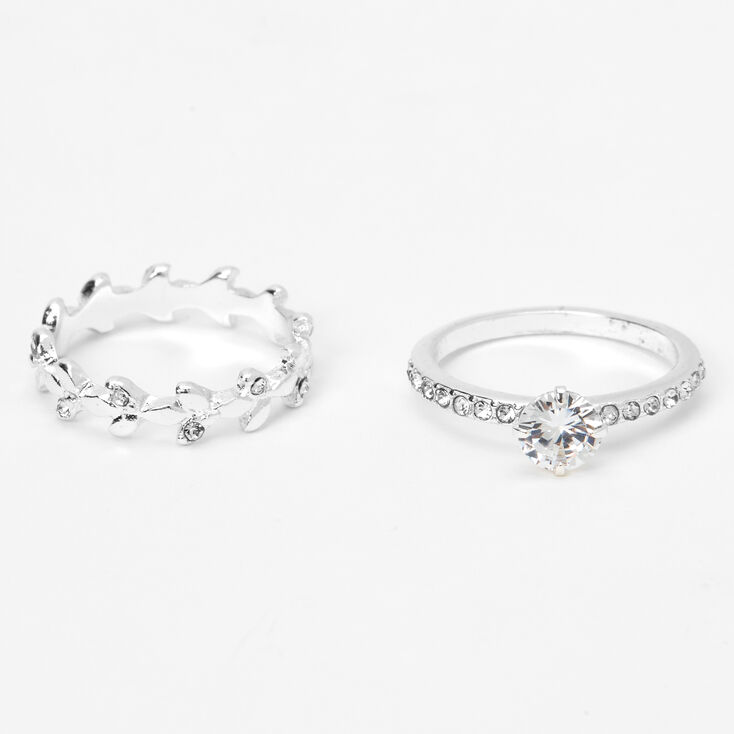 Silver Cubic Zirconia Classic Leaf Rings - 2 Pack,