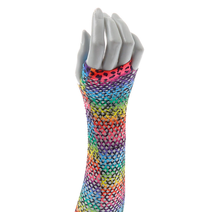 Rainbow Leopard Print Fishnet Arm Warmers,