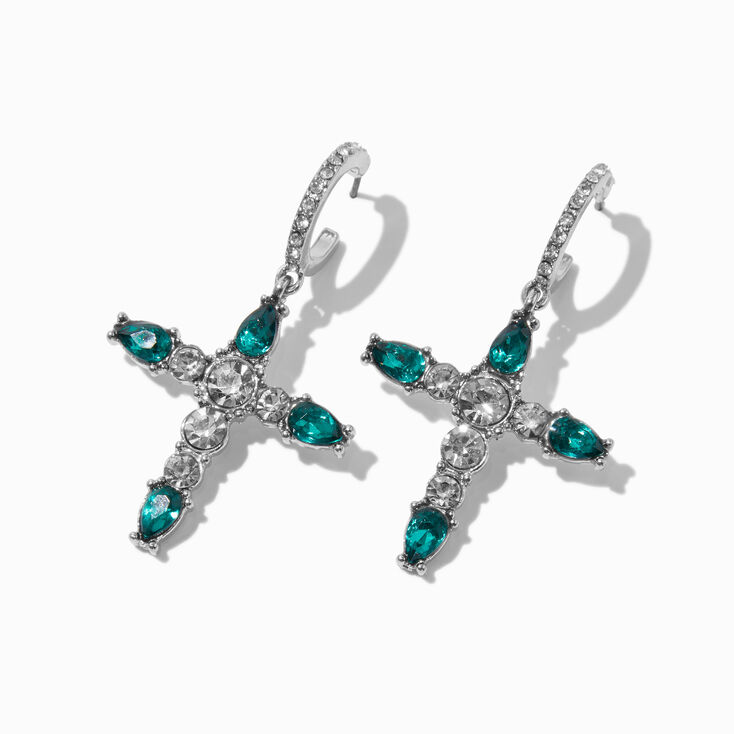 Silver-tone Green Crystal Cross Huggie Hoop 2&quot; Drop Earrings,