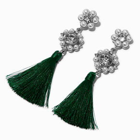 Green Tassel &amp; Faux Pearl 3&quot; Drop Earrings,