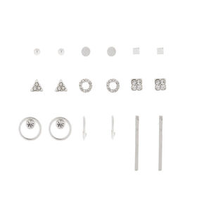 Silver Geometric Stud Earrings - 9 Pack,