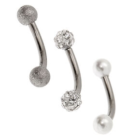 Silver-tone Titanium 16G Bar Fireball Pearl Rook Earrings - 3 Pack,