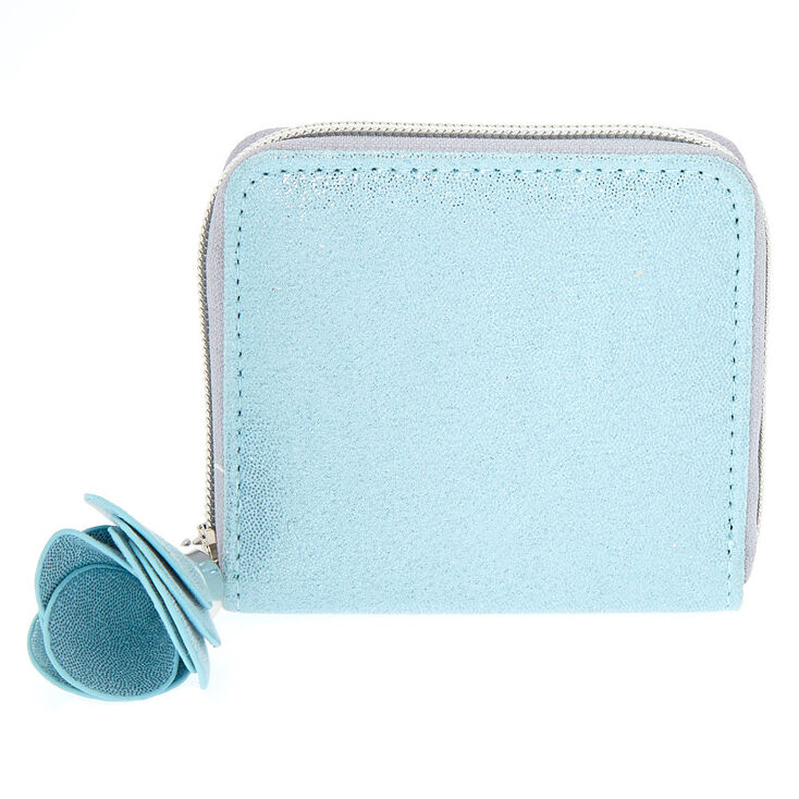 Small Metallic Flower Zip Wallet - Blue,