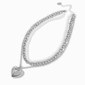 Silver-tone Puff Heart &amp; Pearl Multi-Strand Necklace,