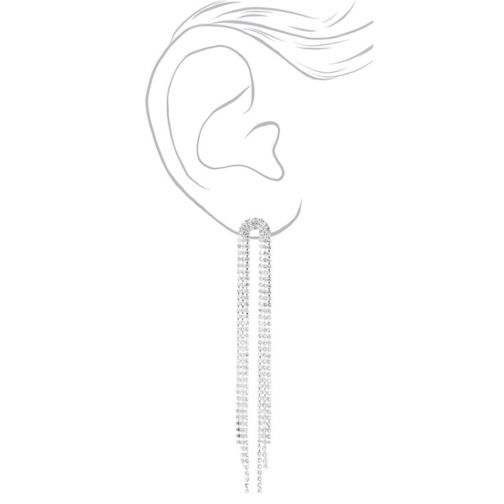 Silver Rhinestone 4&quot; Horse Tail Fringe Drop Earrings,