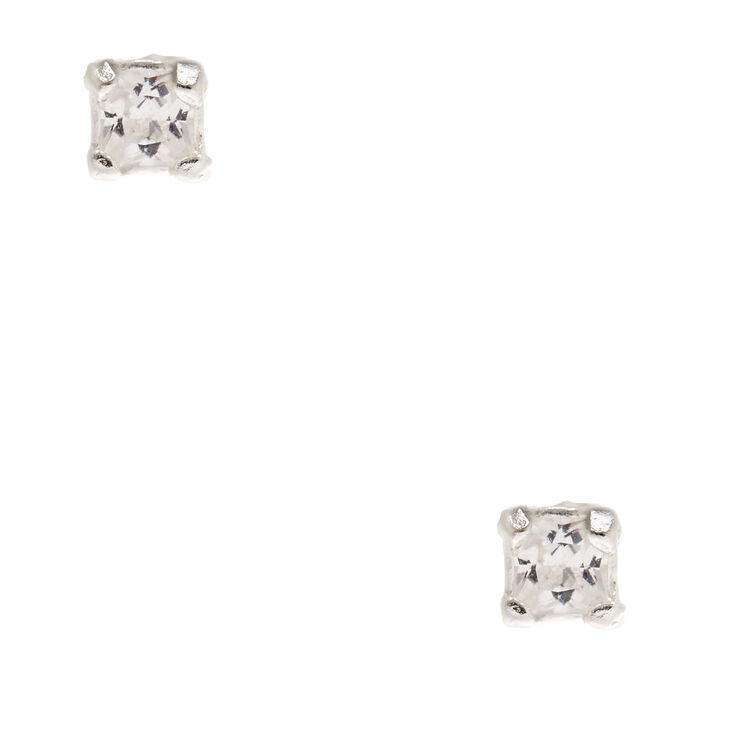 Sterling Silver Cubic Zirconia Square Stud Earrings,