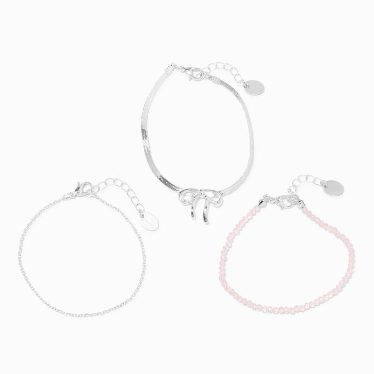 Silver Bow Pink Beaded Chain Bracelets - 3 Pack,