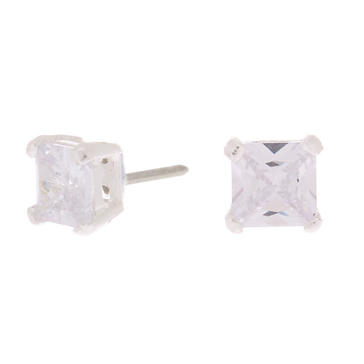 Sterling Silver Cubic Zirconia Square Stud Earrings - 5MM,