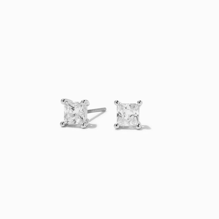 Silver Cubic Zirconia 4MM Square Stud Earrings,